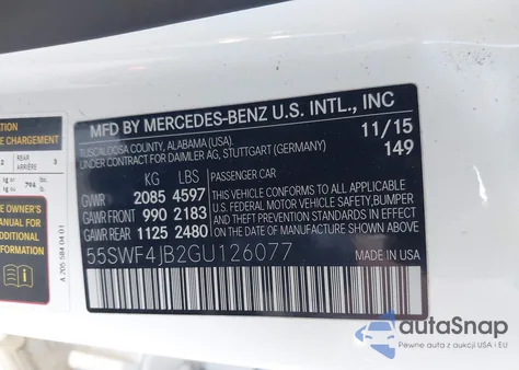 2016 Mercedes-Benz C 300 из США, поврежденный, VIN 55SWF4JB2GU126077